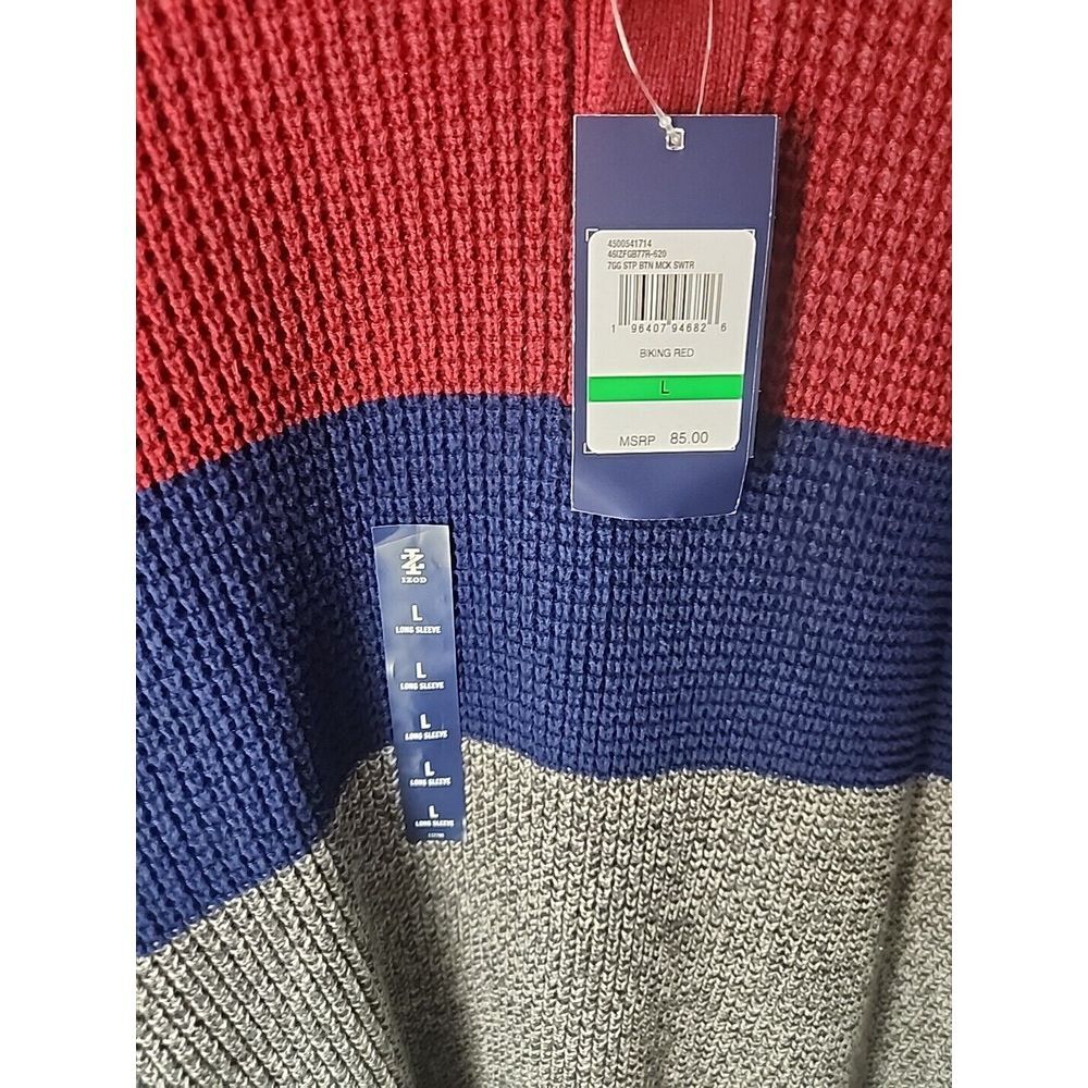 $85 Izod Large Mens Striped Knit Color Block Long Sleeve Sweater in Size Large